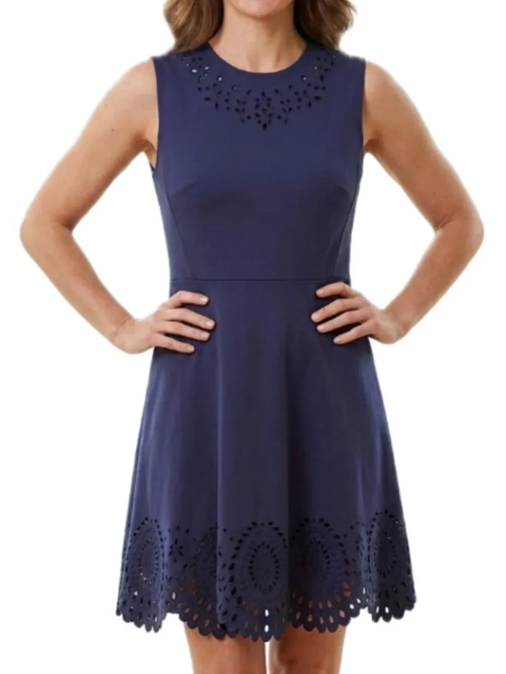 Kate Spade | Sleeveless Fit & Flare Eyelet Cutout Dress in Navy Blue | Size 10